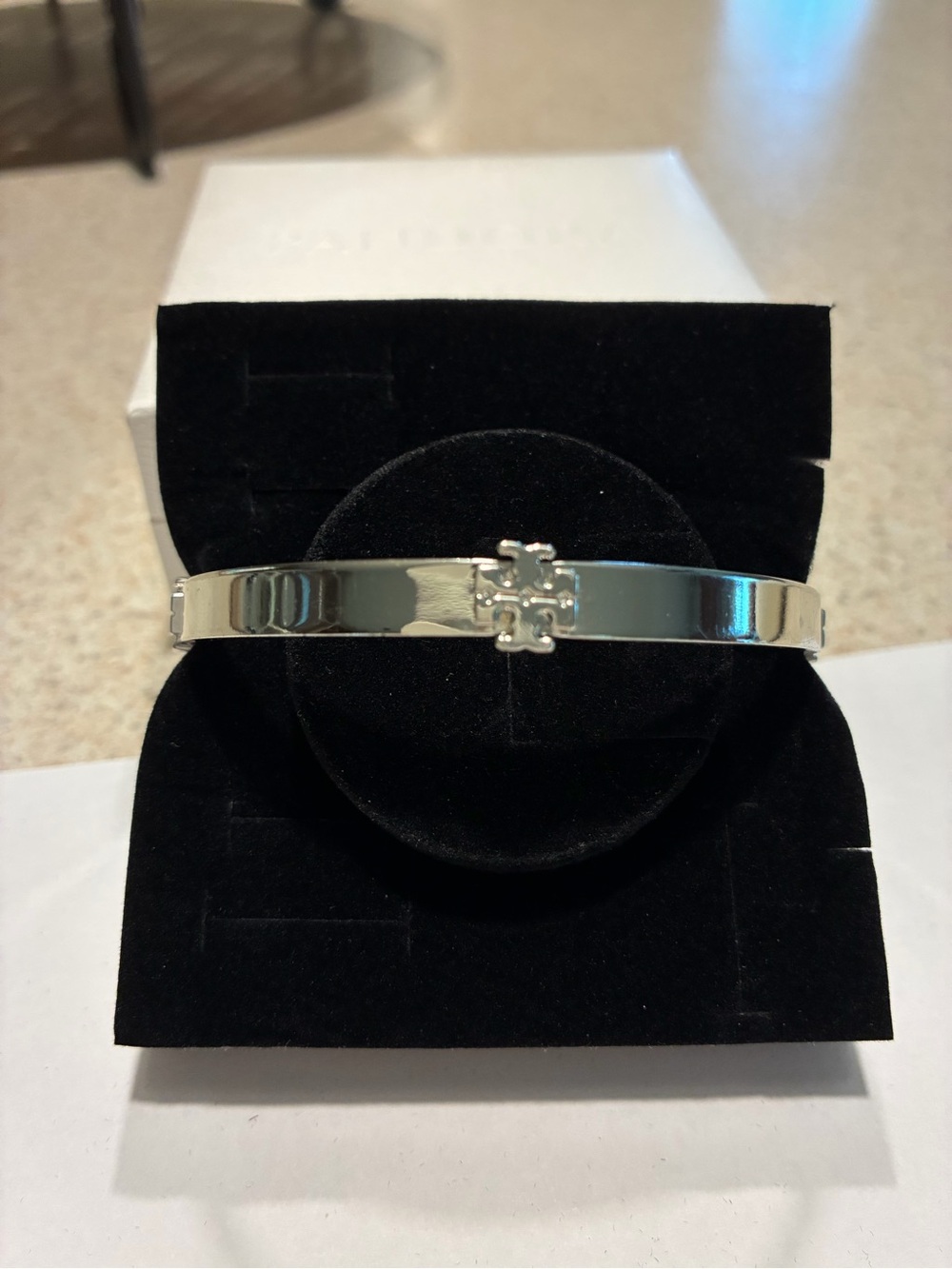 Tory Burch Polished Silver Double-T Hinged Bangle Bracelet